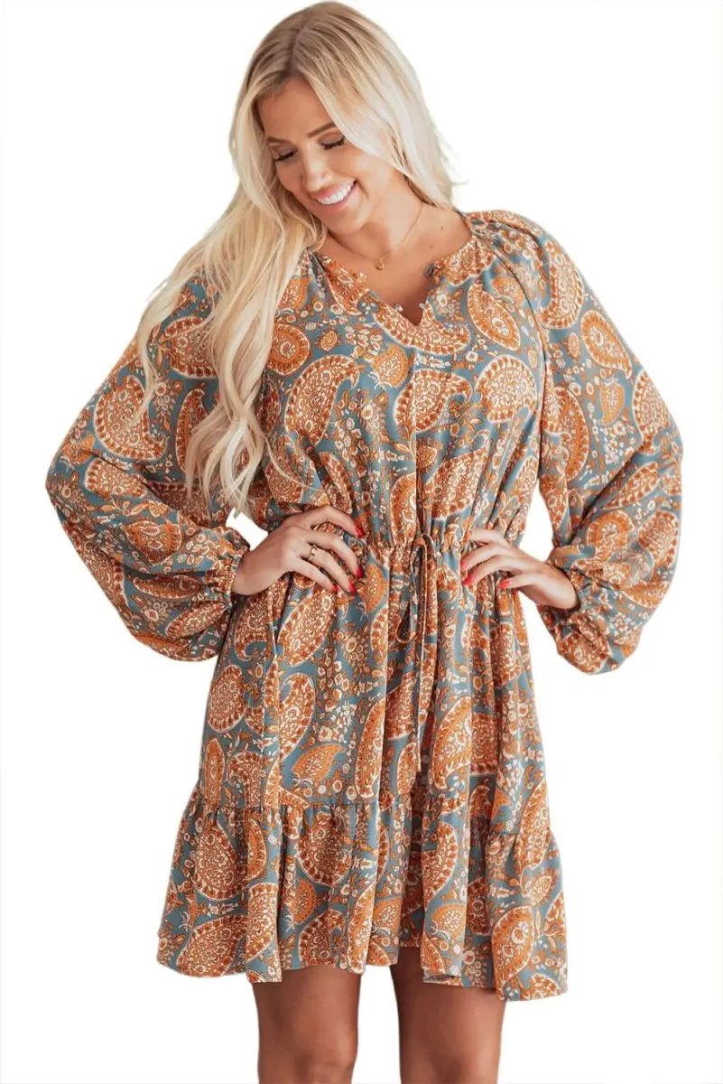 Orange Paisley Print Loose Fit Drawstring High Waist Mini Dress - Love Salve